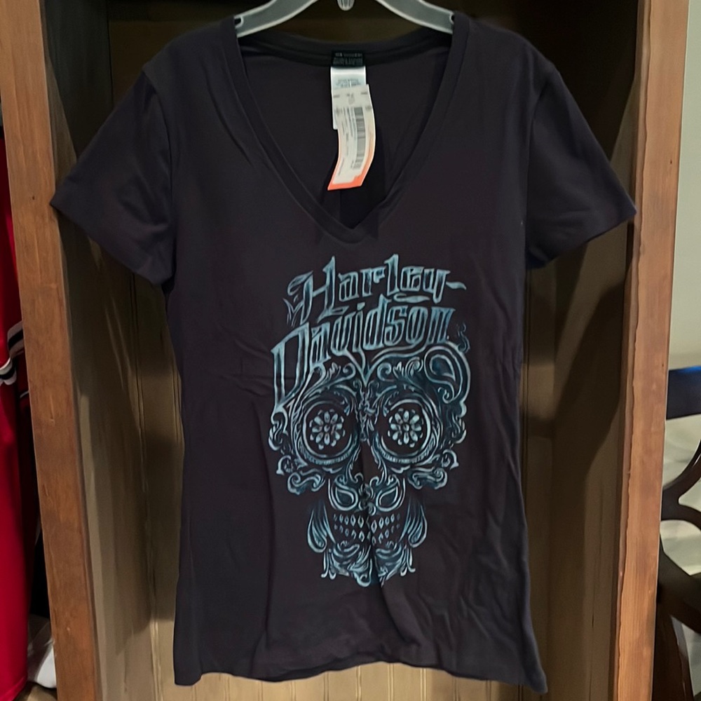 NWT small charcoal Vneck with blue sugar skull